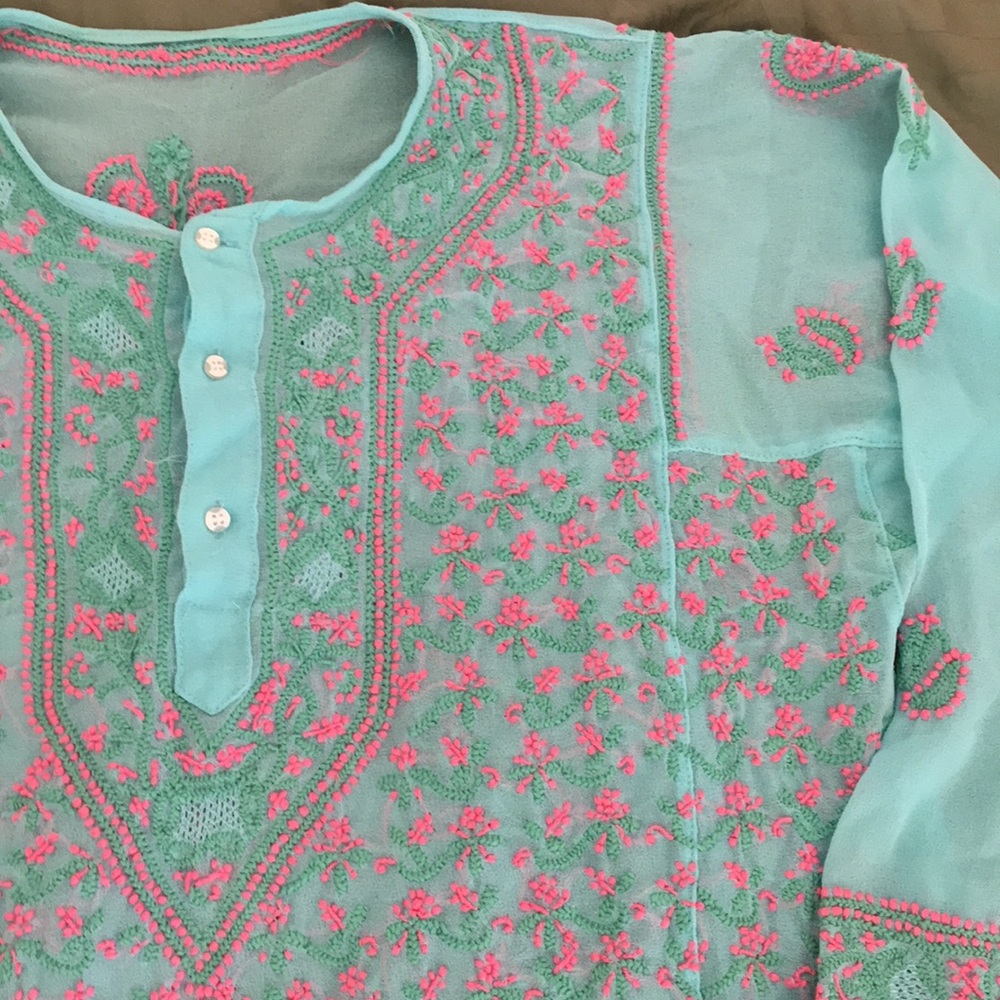 Turquoise Embroidered 3/4 Top